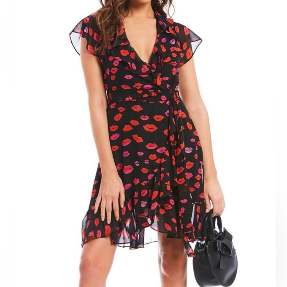 Betsey Johnson Black and Red Wrap Dress with Lips!! Be my Valentine!